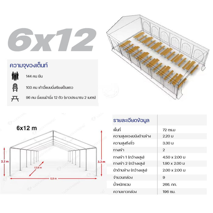 Luckyfriend ต็นท์ผ้าใบสีขาวขนาดใหญ่ G2PARTY 6x12 เมตร